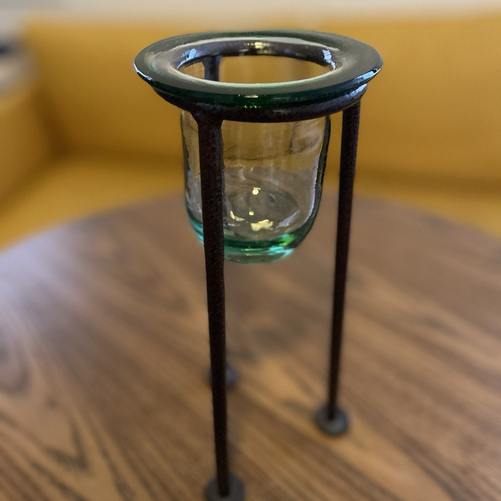 Mexican Artisan Hand Blown Green Glass Candle Holder On Iron Stand 9.125''